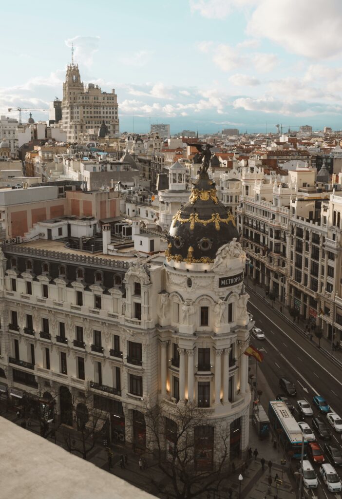 Aerial view of Madrid's Gran Via featuring the historic Metropolis Building.